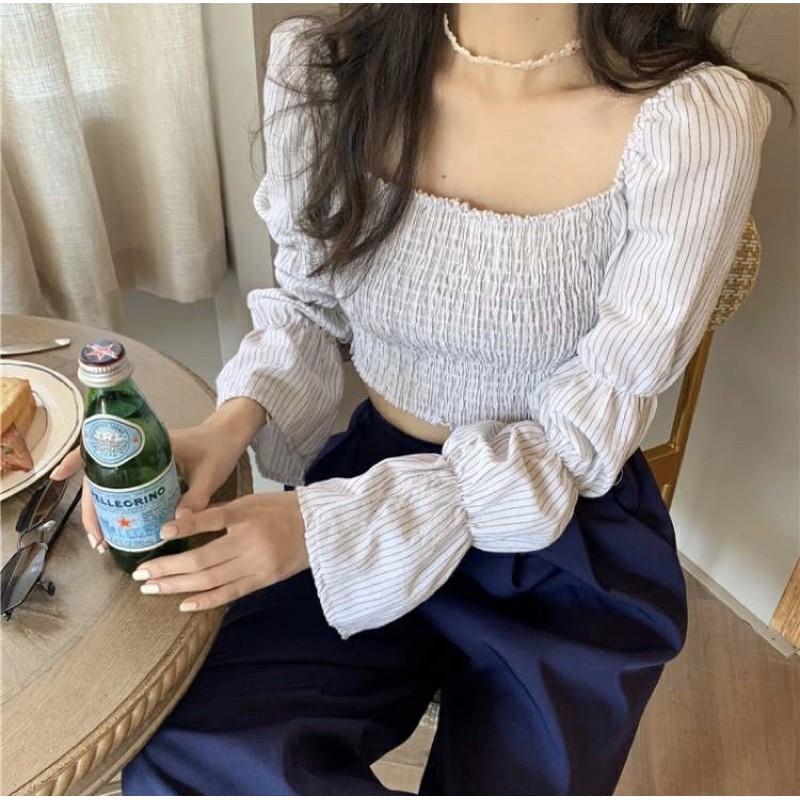 Áo croptop nhún tay dài kẻ sọc summer 2021