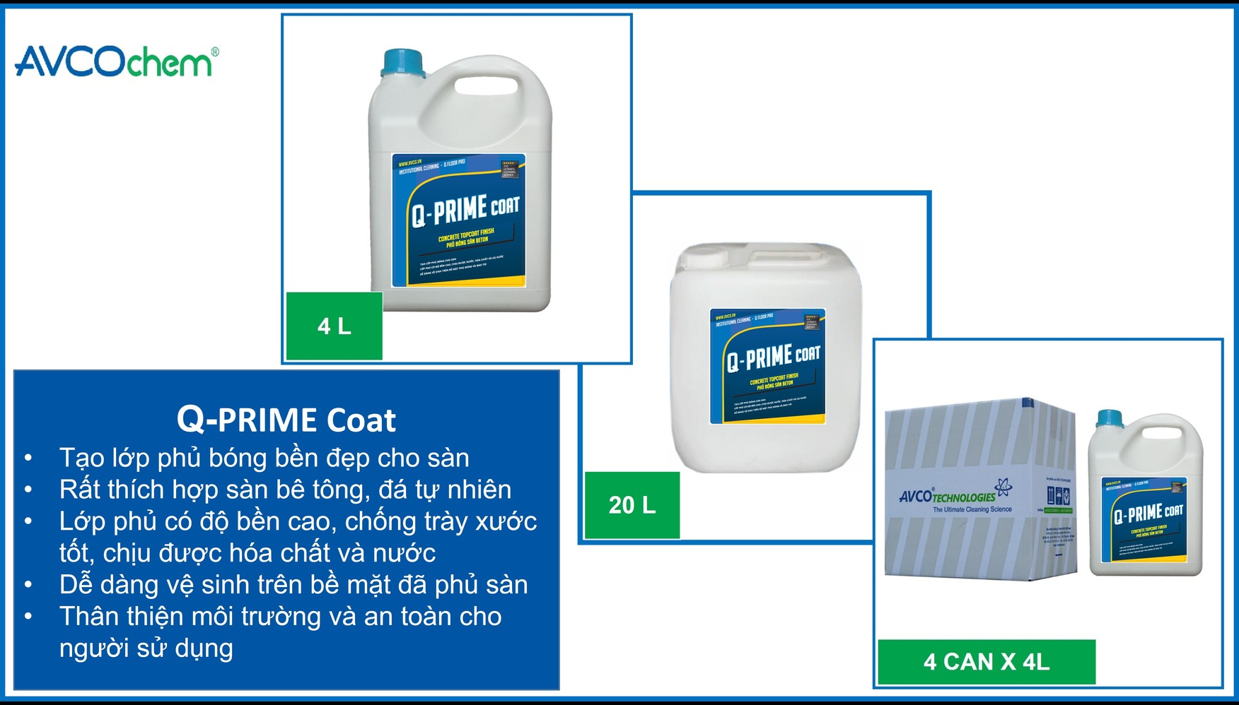 Phủ bóng sàn bê tông AVCOChem - Q PRIME Coat - Siêu bóng bền tiết kiệm - Can 4 lít - Hàng chính hãng