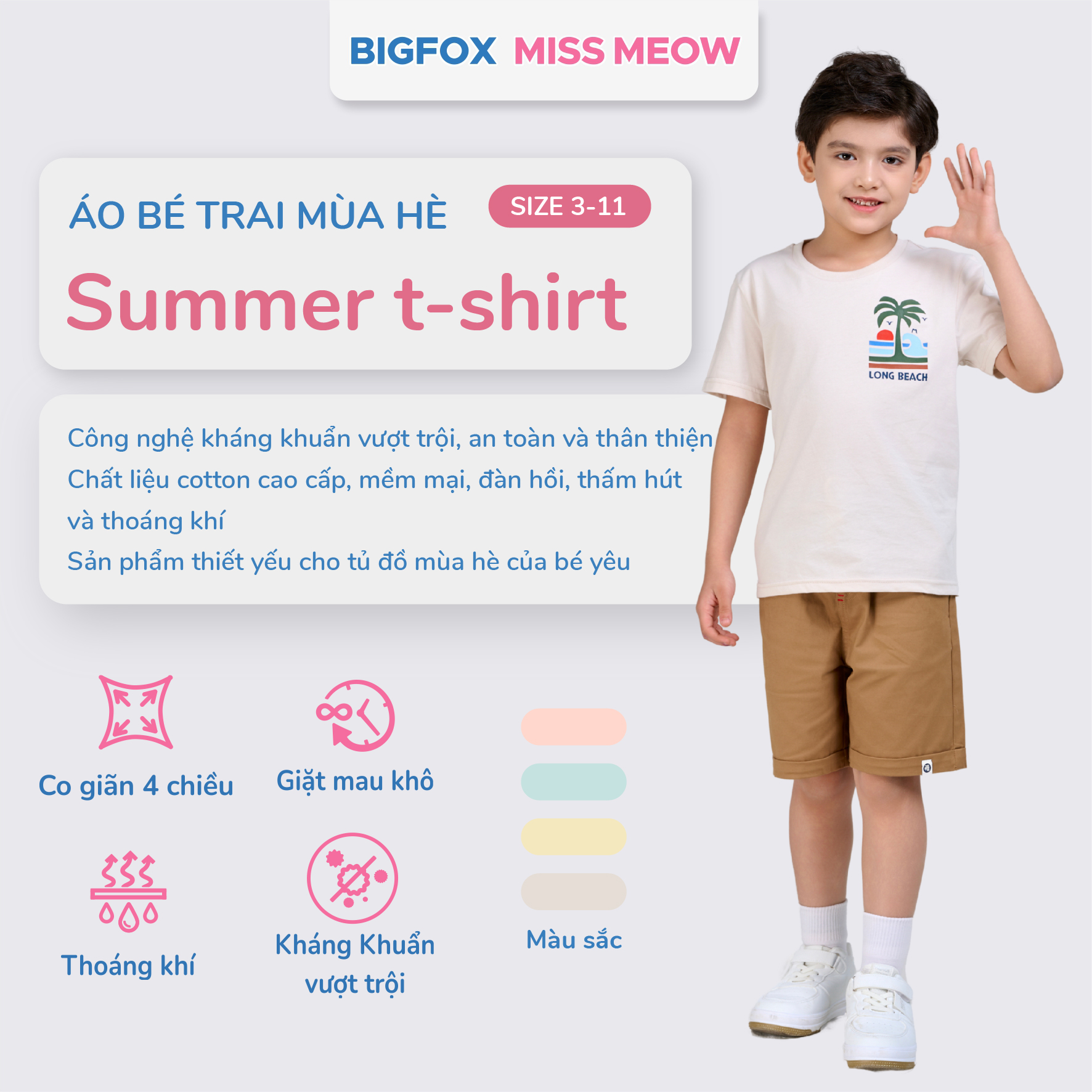 Áo bé trai Bigfox Miss Meow mùa hè chất cotton size đại cộc tay in đẹp cỡ 3,7,9,11 tuổi 30kg 40kg