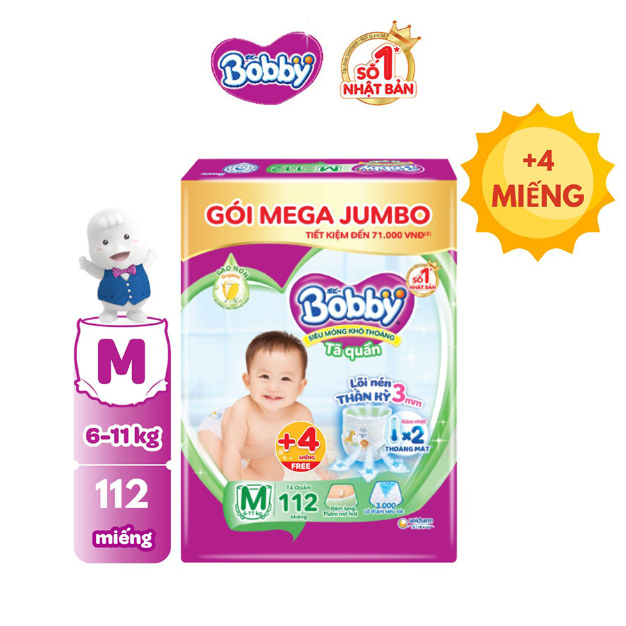 [TẶNG THÊM MIẾNG] Tã/bỉm quần Bobby 3mm Mega Jumbo Gạo non Giảm nhiệt M112/L96/XL84/XXL76