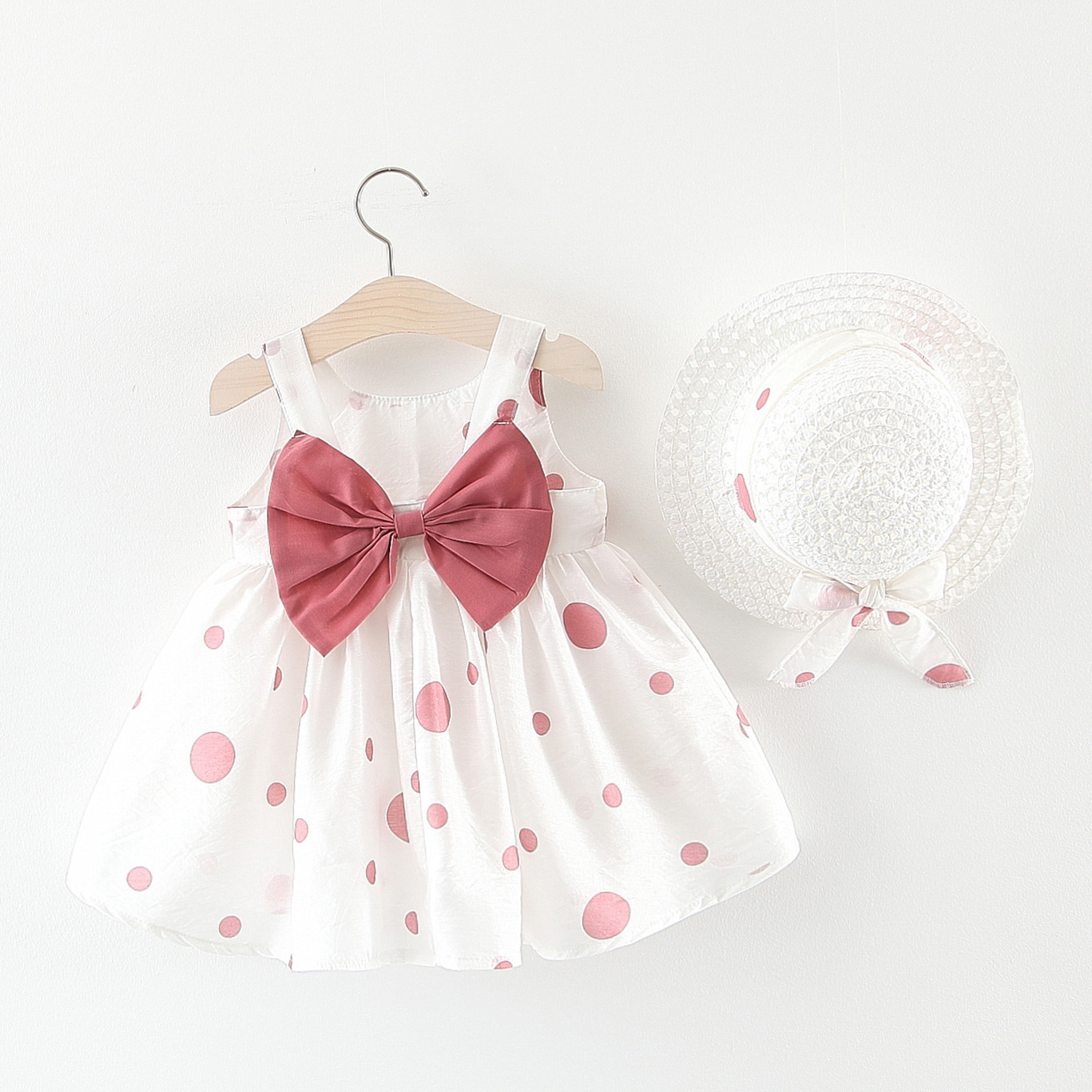 Set đầm xòe bé gái kèm mũ rộng vành xinh xắn, đầm đi biển cho bé từ 9-18kg - váy xòe cho bé chấm bi dễ thương