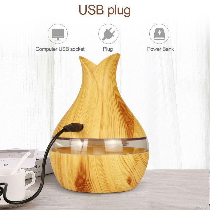 Máy khuếch tán tinh dầu 300ml chất liệu gỗ có đèn 7 màu lỗ cắm USB độc đáo