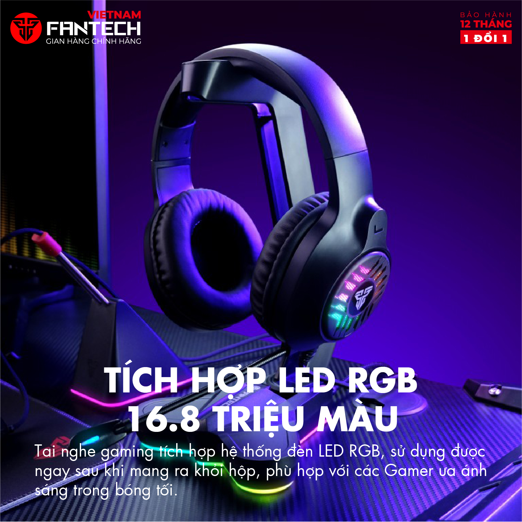 Tai nghe gaming Fantech MH87 Đèn LED RGB, Micro chống ồn - Chân cắm USB + 3.5mm - Hàng chính hãng