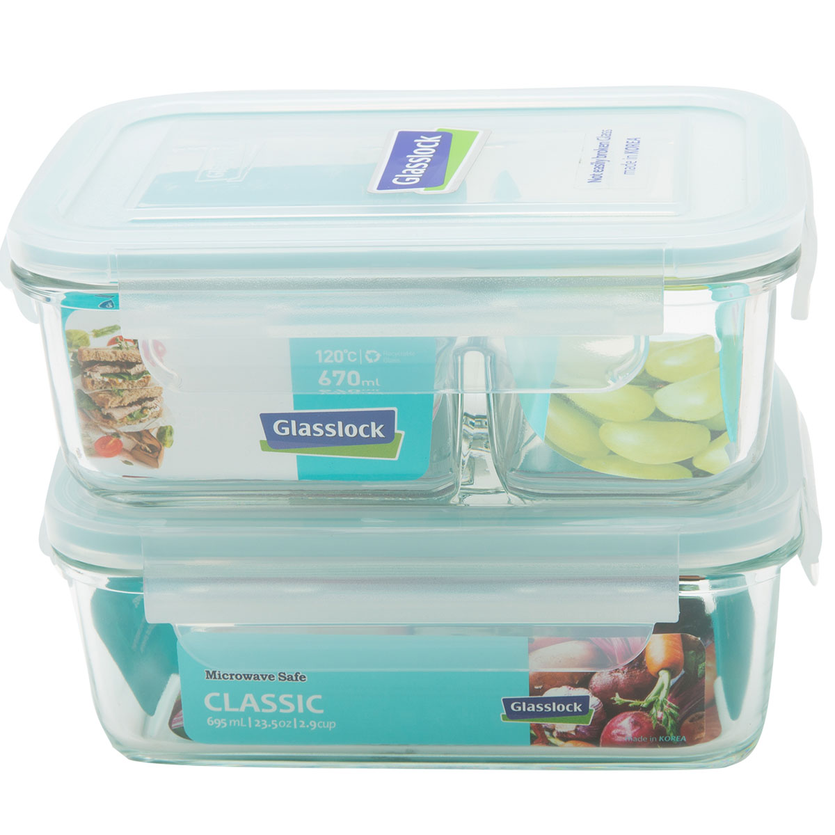 Bộ 2 Hộp Thủy Tinh Glasslock Chia Ngăn Lunch67-71K 670ml Và 695ml/710/715ml + Túi Giữ Nhiệt