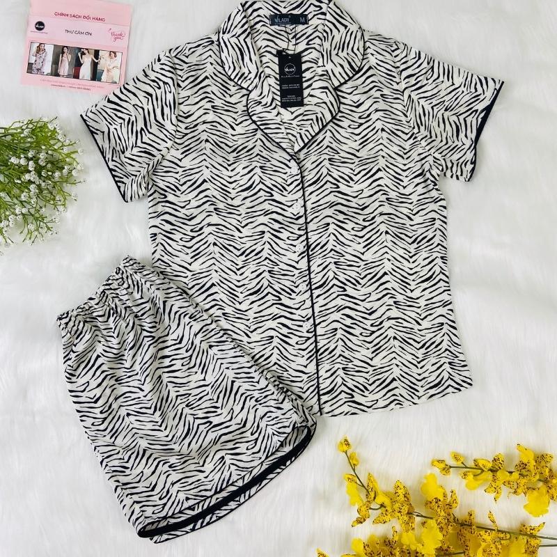 Đồ bộ mặc nhà nữ Pijama lụa VILADY - B136 kiểu đồ bộ ngắn họa tiết vằn đen siêu dễ thương, chất liệu lụa Pháp ( lụa latin)