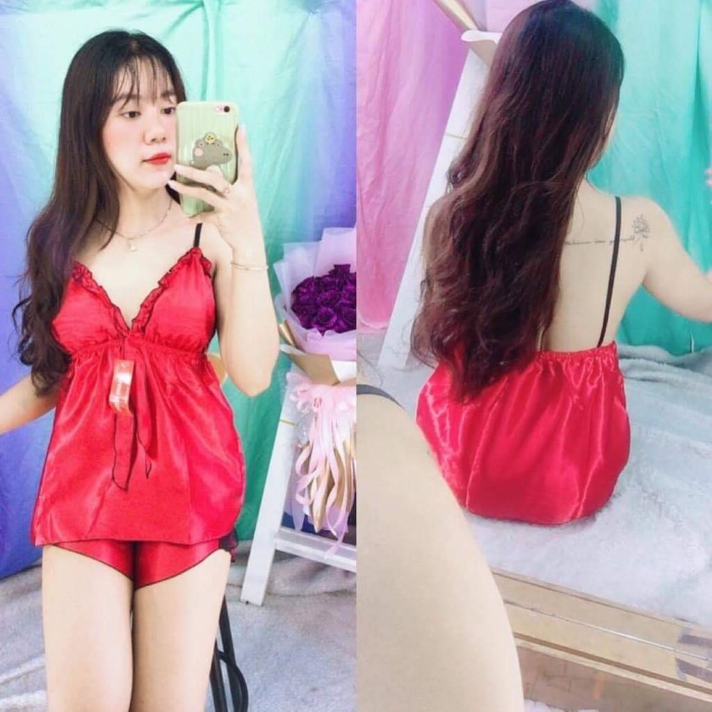 Đồ ngủ lụa FREE SHIP  Đồ ngủ hai dây sexy nữ lụa phi có mút, hở lưng, DN3