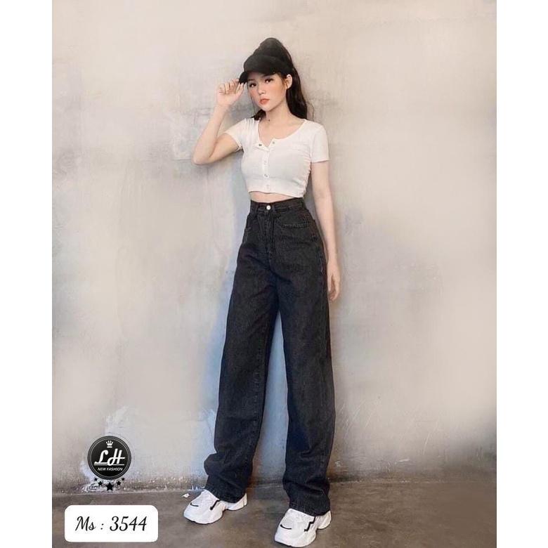 Quần jean nữ ống rộng, quần bò màu xám đen muối tiêu trơn lưng cao đơn giản Lê Huy Fashion MS 3544
