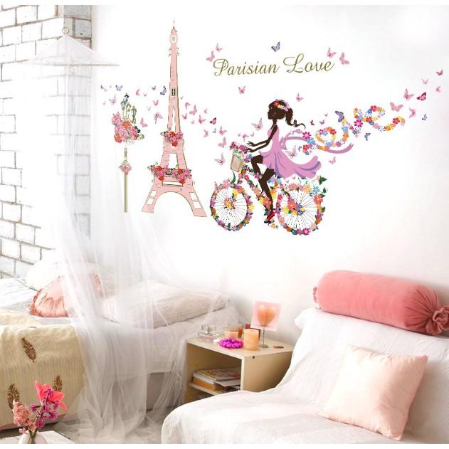Decal trang trí Tháp Pasis Hồng Cô Gái Xe Đạp hoa A.H