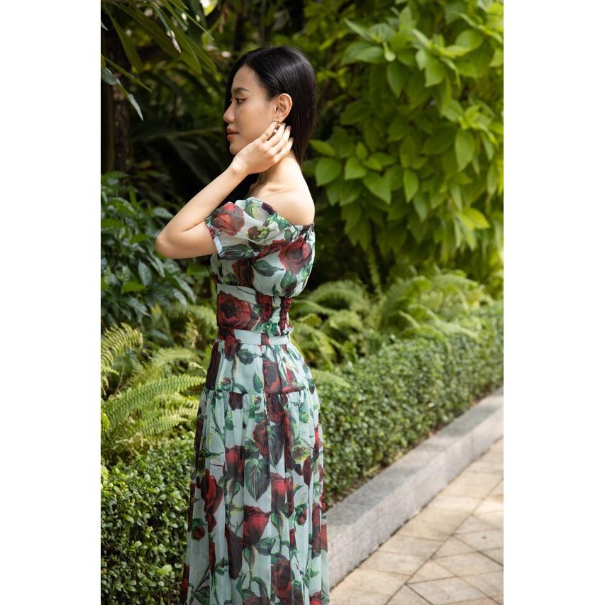 SHEAZ Set đầm xanh voan cao cấp, in hoa hồng, phong cách Hàn Quốc, đầm trễ vai, áo trễ vai, đầm dài