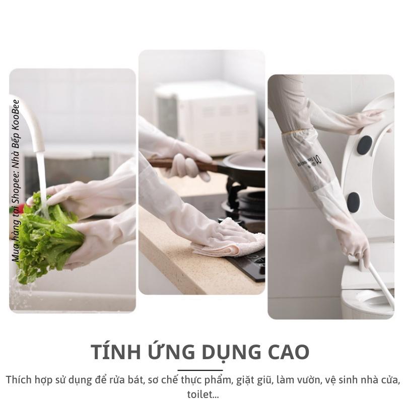 Găng tay cao su lót bông nỉ loại dài - Găng tay rửa bát làm bếp siêu dai không mùi KooBee
