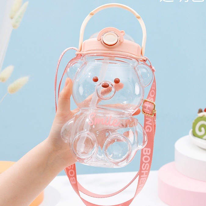 Bình Đựng Nước 1000ml Hình Gấu Dễ Thương Có Ống Hút