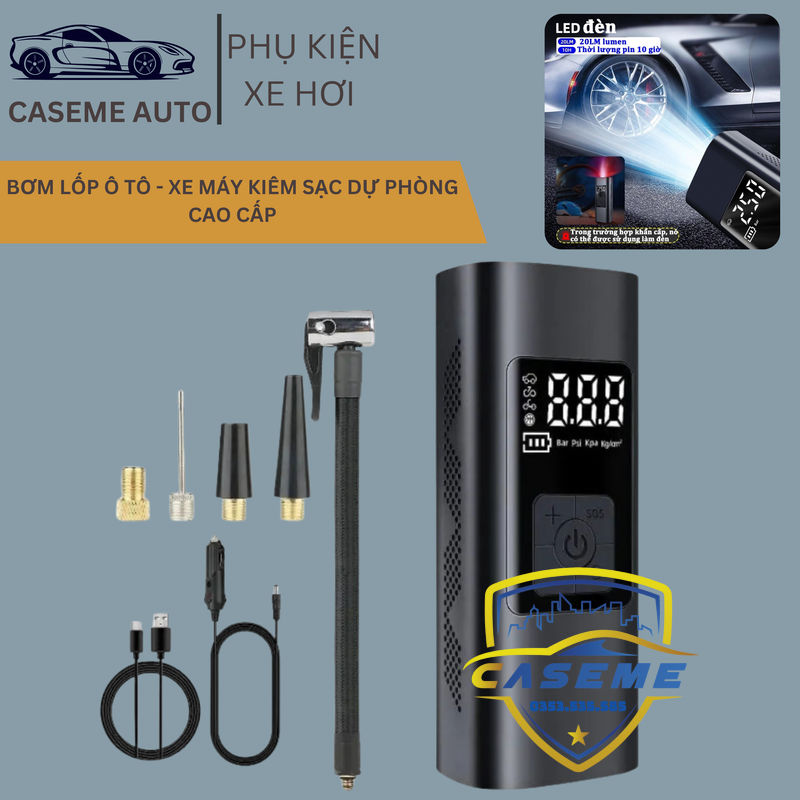Bơm Lốp Ô Tô - Xe Máy Mini Không Dây CARSUN C3106, Pin 4000mAh, Áp Suất 150PSI, Có Đèn LED, Đèn Cảnh Báo, Kiêm Sạc Dự Phòng