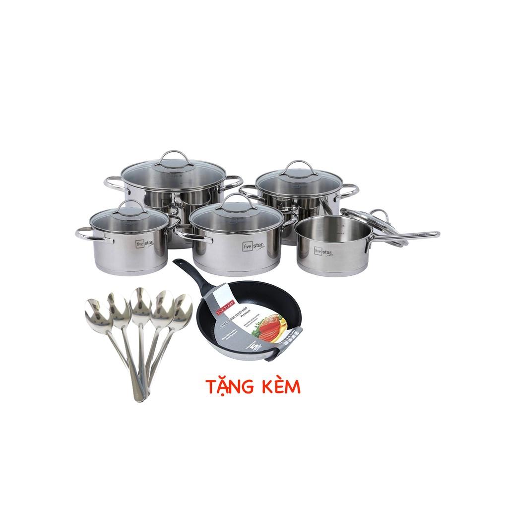 Combo Bộ nồi inox 304 và chảo chống dính cao cấp Fivestar 6 món nắp kính , 3 đáy dùng được bếp từ , hồng ngoại , gas, tặng 10 muỗng ăn