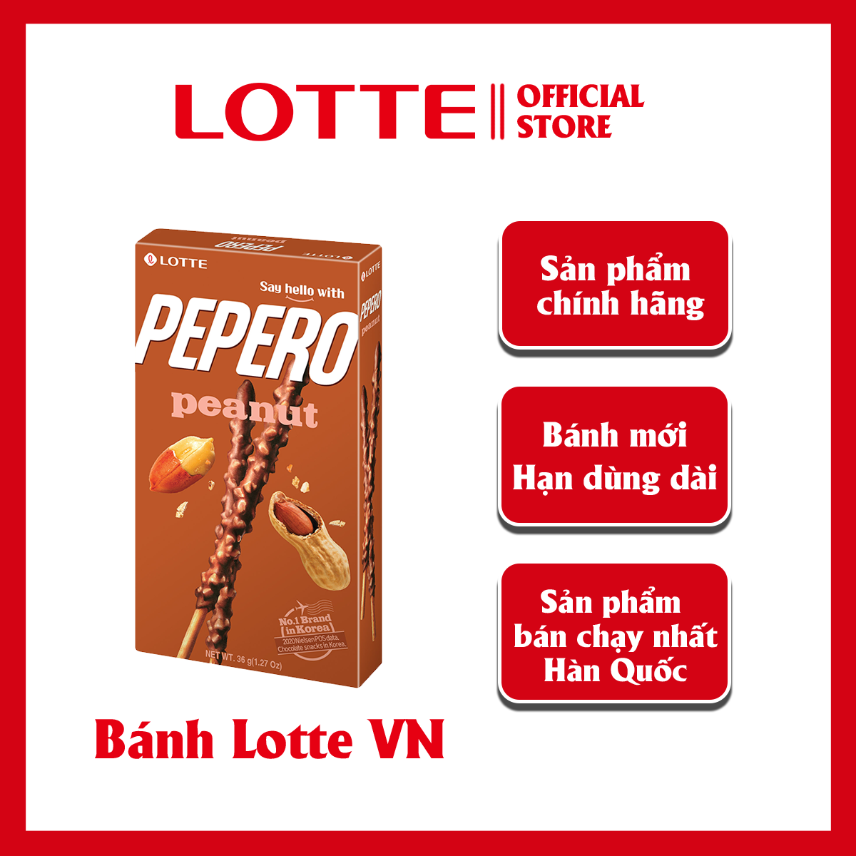 Bánh que Lotte Pepero vị Sô cô la đậu phộng Peanut