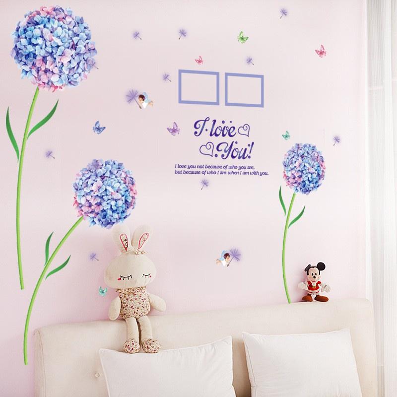 Decal Dán Tường chi tiết hoa Cẩm Tú Cầu xanh tím