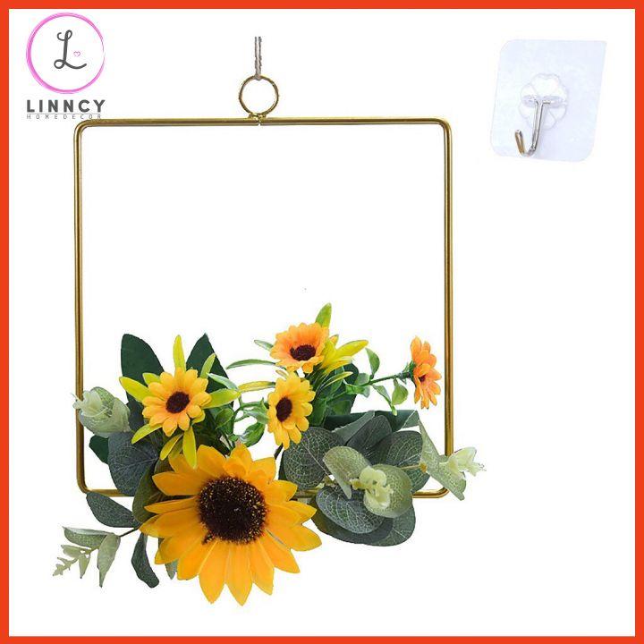 Vòng hoa treo tường, vòng hoa hướng dương treo cửa khung kim loại trang trí nhà cửa, cửa hàng, trang trí lễ cưới, sựkiện
