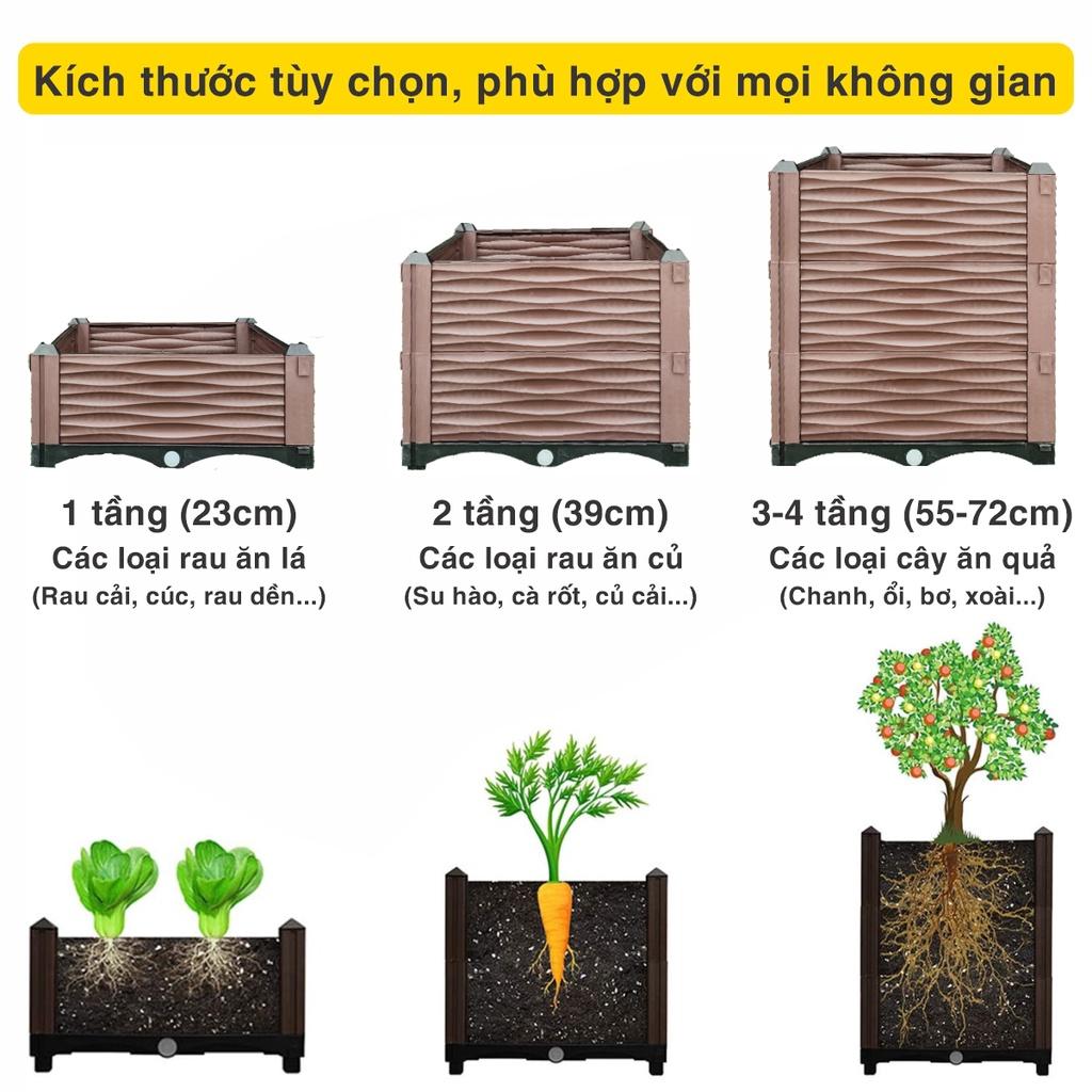 Chậu trồng rau lắp ghép. KT 150x50 cao 55 cm.Đáy thoát nước chống ngập úng.Sang trọng - Thẩm mỹ - Bền hơn 10 năm.Bảo hành 1 năm toàn quốc