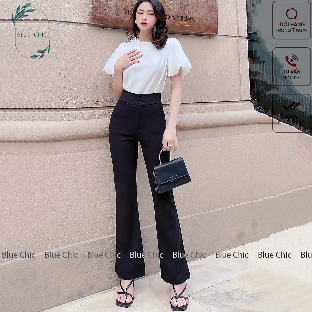 Quần ống rộng Blue Chic lưng cạp cao 2 cúc baggy vải nữ dài suông loe culottes màu đen