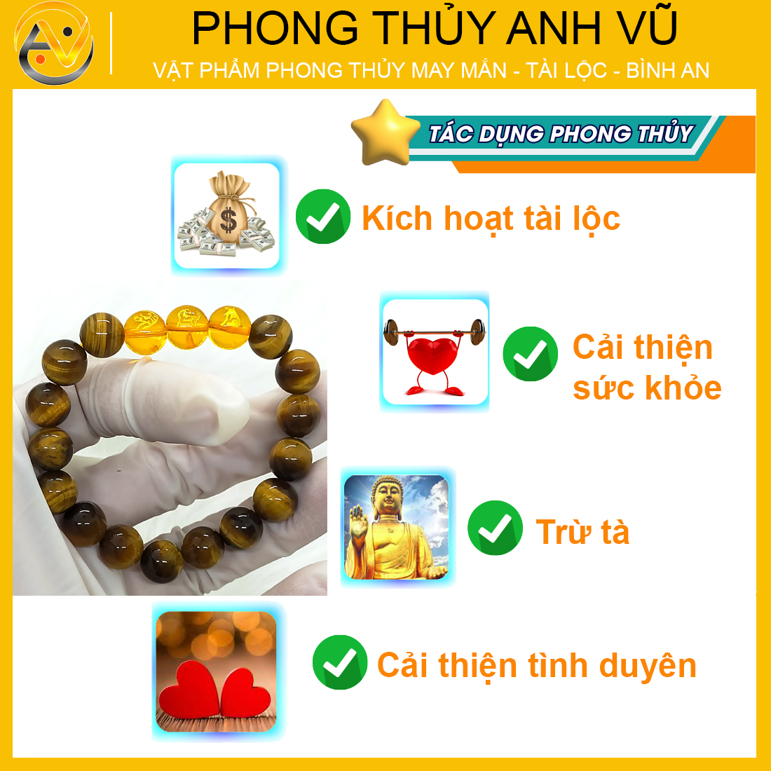 Vòng phong thủy đá mắt hổ vàng nâu tự nhiên - Vòng tam hợp quý nhân dần ngọ tuất - May mắn tài lộc bình an