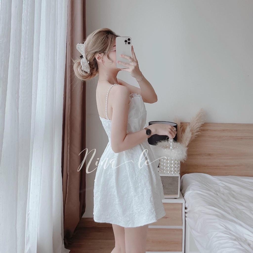FREE SHIP Đầm váy nữ dây cườm 2 màu siêu xinh họa tiết hở lưng quyến dũ gấm xòe tôn dáng DS
