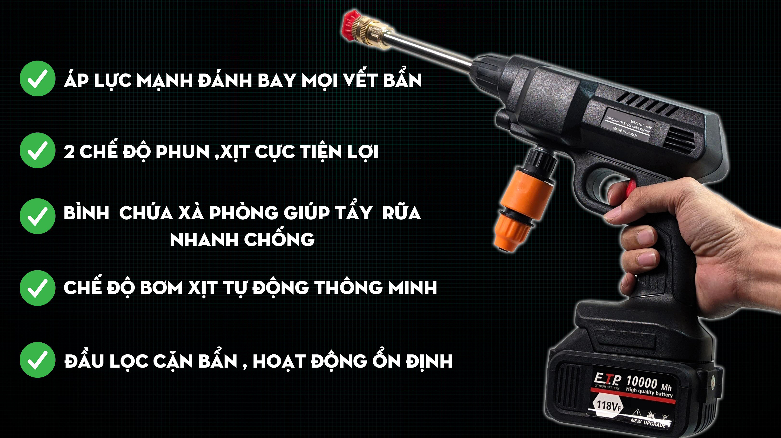 Máy rửa xe cầm tay dùng pin Hitachi 118V - Áp lực mạnh mẽ, pin sạc bền bỉ - Đa chức năng, dễ sử dụng - 3 chế độ phun rửa - Chuyên sử dụng vệ sinh ô tô, xe máy, vật dụng gia đình, tưới hoa màu - Hàng nhập khẩu