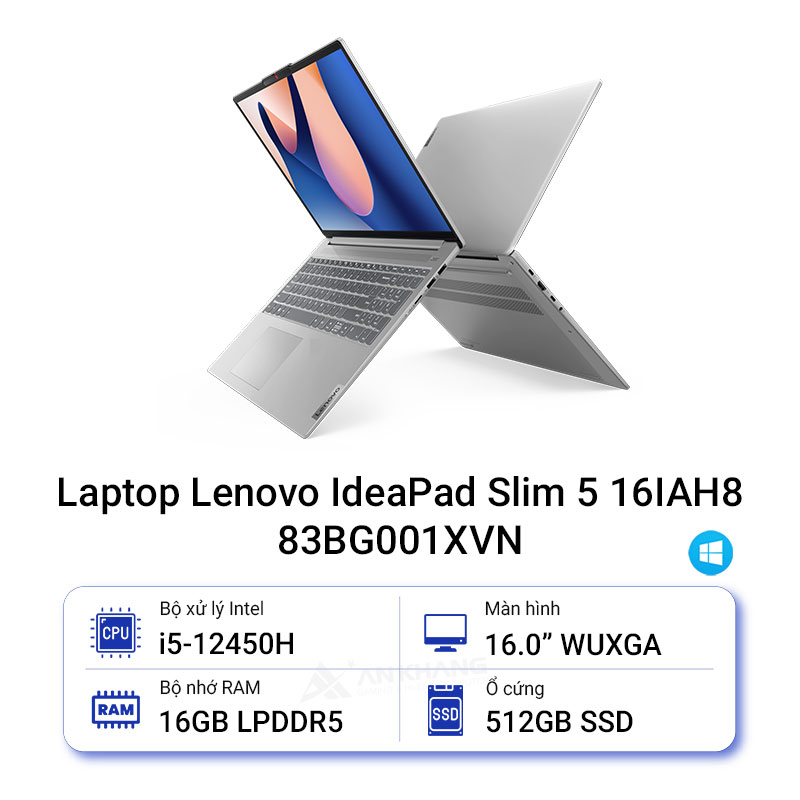 Lenovo IdeaPad Slim 5 16IAH8 83BG001XVN (Intel Core i5-12450H | 16GB | 512GB | Intel UHD | 16 inch WUXGA | Win 11 | Xám) - HÀNG CHÍNH HÃNG