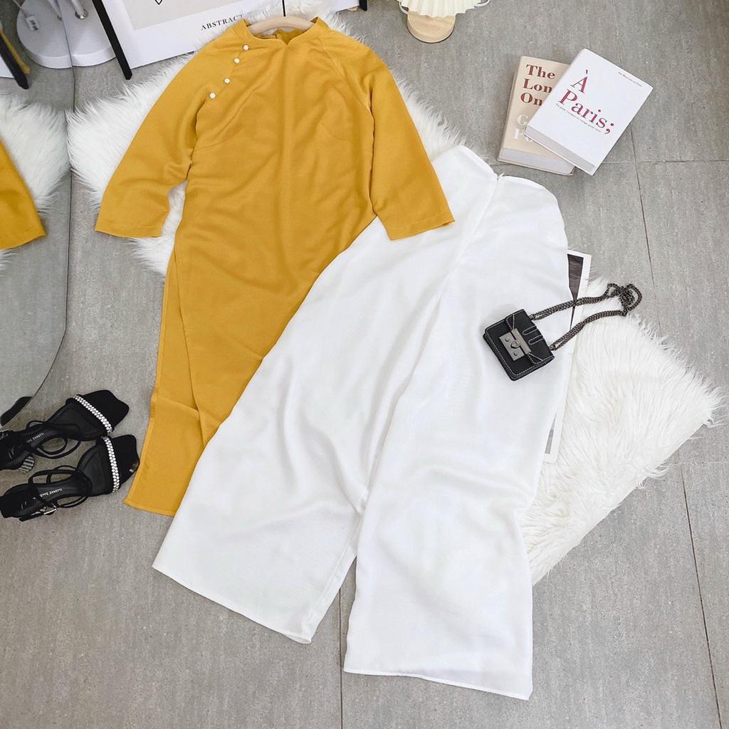 Set áo dài đỏ tay lỡ quần suông đi chùa chúc tết