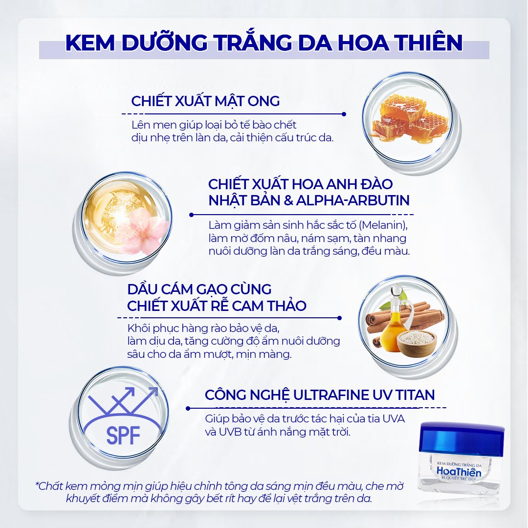 Kem dưỡng trắng da Hoa Thiên - giải pháp từ thiên nhiên cho làn da trắng sáng mịn màng và rạng rỡ 30g