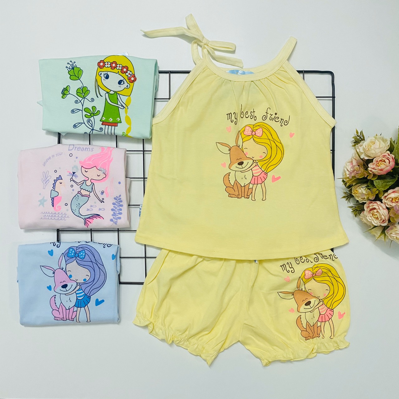 Combo 3 bộ đồ bộ bé gái cotton mùa hè mẫu áo dây, quần nhún màu nhạt siêu xinh J-TomTomBaby