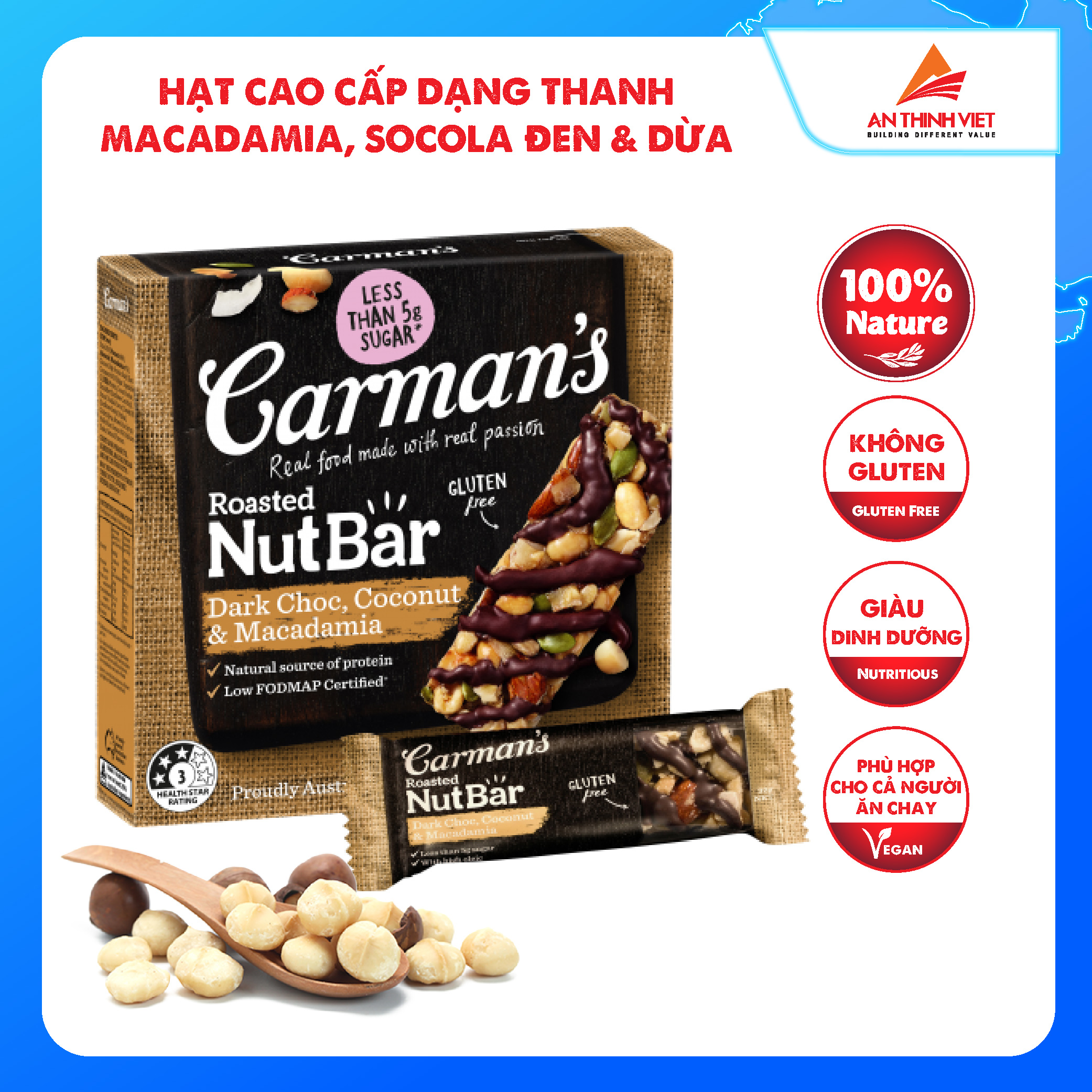 Thanh Hạt Carman's Nut Bar Dark Choc, Coconut, Macadamia - Chocolate đen, Dừa, Hạt Maca - 160g