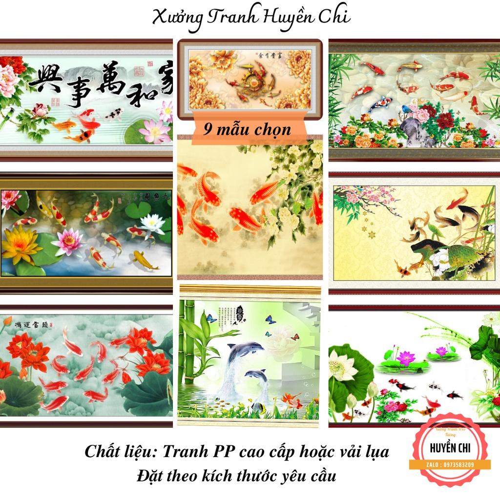 Tranh 3d dán tường trang trí phòng khách- tranh cửa ngư cá hoa sen- ép kim sa- Huyền Chi- Đặt theo kích thước yêu cầu