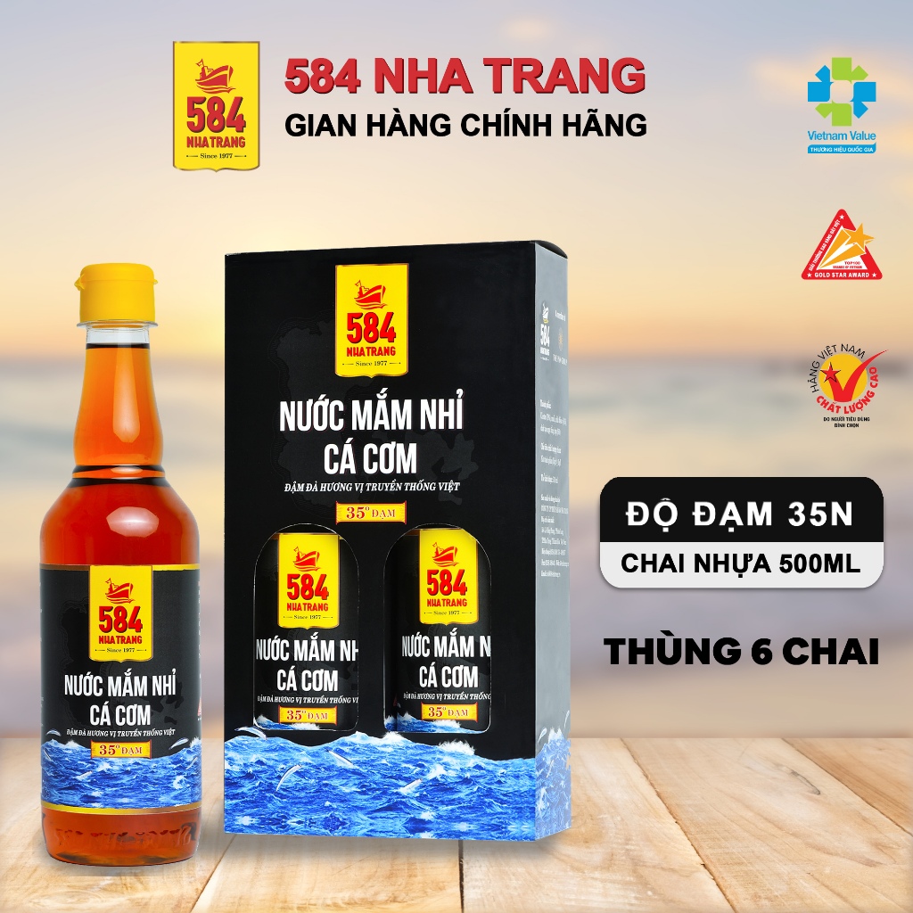 Thùng 6 chai Nước mắm Nhỉ Cá cơm - 584 Nha Trang - 35 độ đạm - Chai Nhựa PET 500ml, Date luôn mới