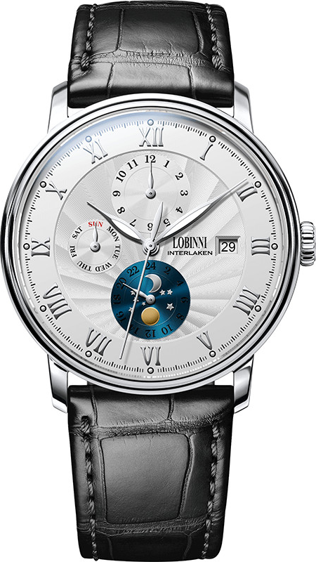 Đồng hồ nam chính hãng LOBINNI Ref.1023-4 (Phiên bản đặc biệt Limited) Kính sapphire nguyên khối ,chống xước,chống nước 50m,mặt trắng vỏ trắng dây da đen ( nâu) xịn, thép không gỉ 316L,Đồng hồ cơ (Automatic),BH 24 tháng,thiết kế sun and moon sang trọng