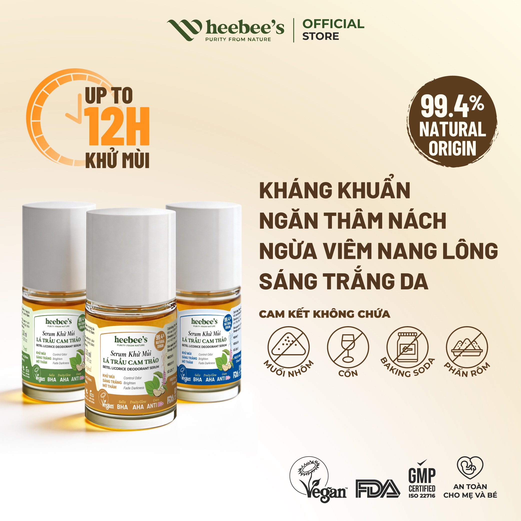 Serum Khử Mùi Thảo Dược Thuần Chay Lá Trầu Cam Thảo Heebee’s Lăn Khử Mùi, Sáng Mịn, Mờ Thâm, Ngăn Mùi 12H 30ml
