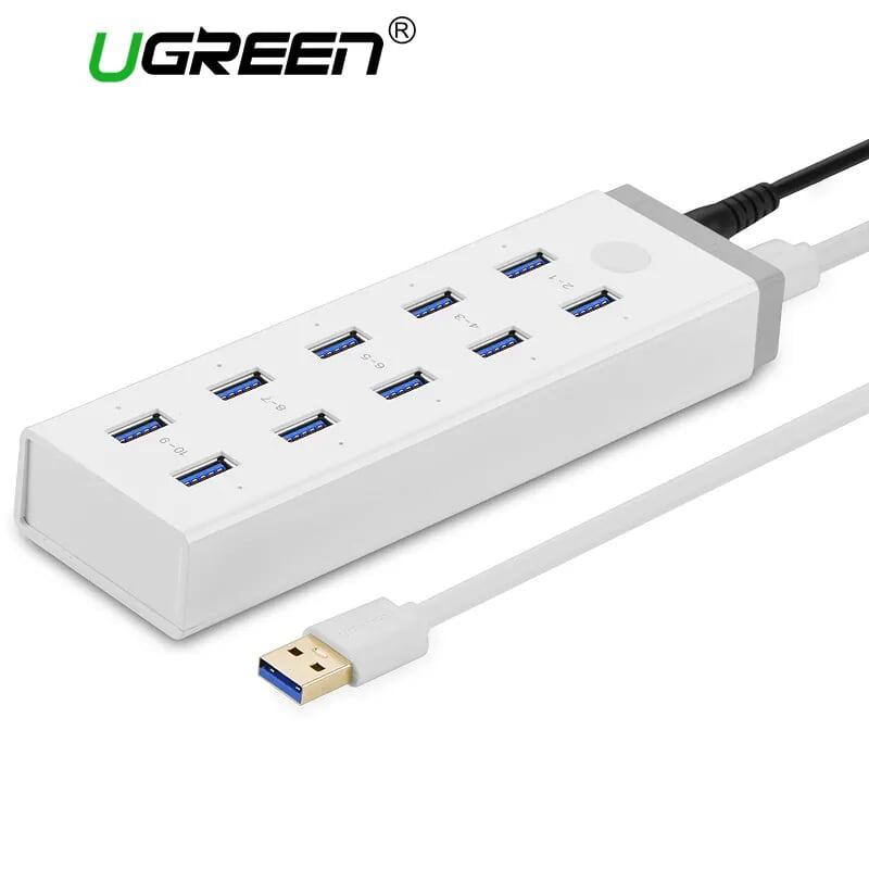 Ugreen UG20297CR117TK Màu Trắng Bộ chia HUB USB 3.0 sang 10 USB 3.0 hỗ trợ nguồn 12V - HÀNG CHÍNH HÃNG