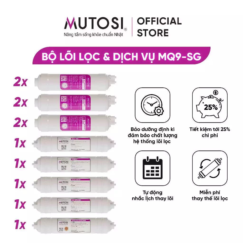  [ MQ9-SG ] Combo lõi lọc nước + miễn phí gói dịch vụ bảo dưỡng và thay thế tại nhà định kỳ 2 lần/năm - Hàng chính hãng Mutosi