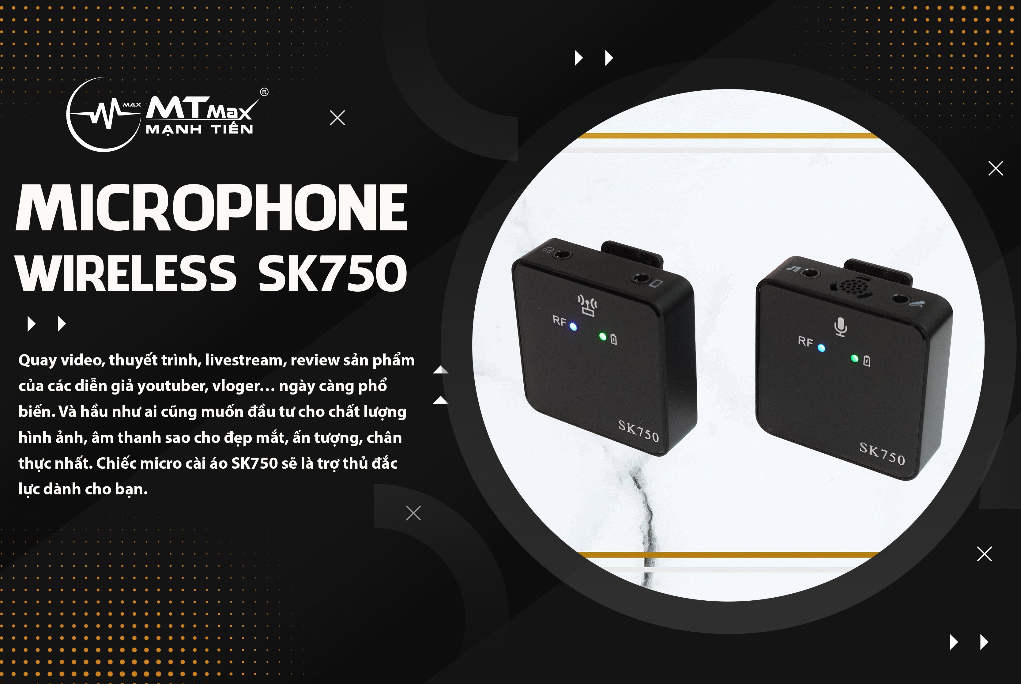 Micro cài áo Wireless SK750  - Mic thu âm không dây cài áo - Có cổng cắm tai nghe, lấy nhạc, cắm micro ngoài - Micro điện thoại, máy ảnh, máy quay, DSLR - Quay video, vlog, livestream, karaoke online, giảng dạy - Hàng nhập khẩu