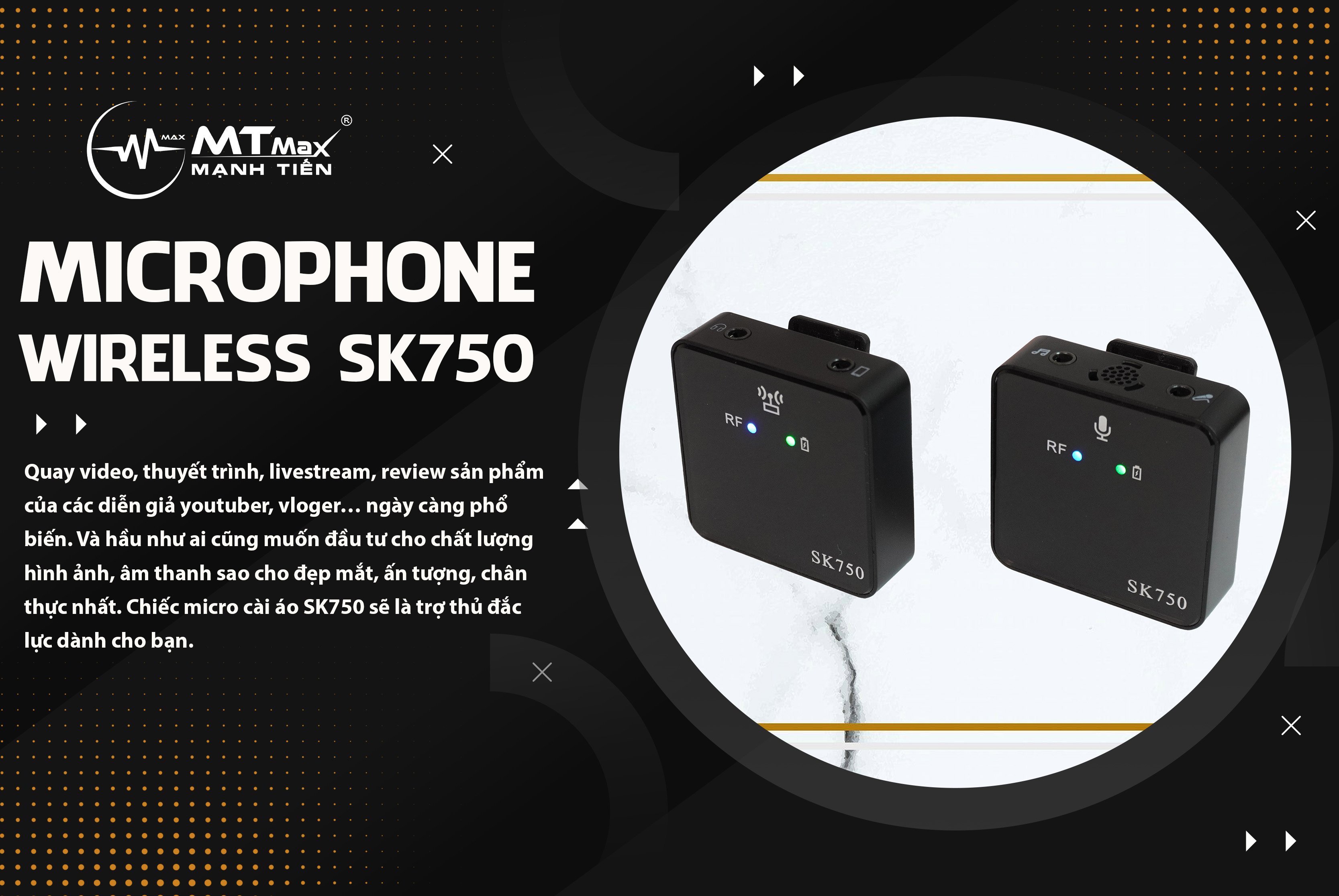 Micro cài áo Wireless SK750 (Loại 1 mic 1 đầu thu) - Mic thu âm không dây cài áo - Có cổng cắm tai nghe, lấy nhạc, cắm micro ngoài - Micro điện thoại, máy ảnh, máy quay, DSLR - Quay video, vlog, livestream, karaoke online, giảng dạy - Hàng nhập khẩu