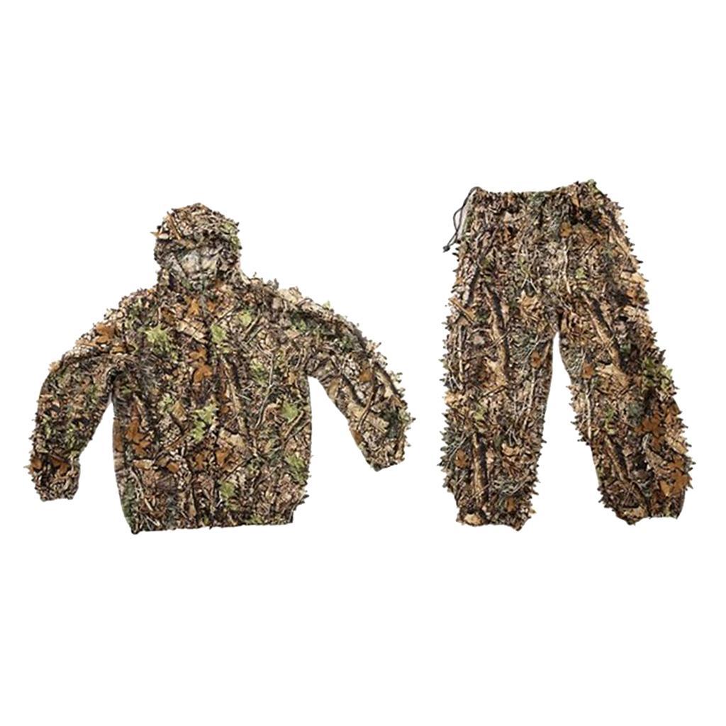 2x Breathable Leafy Camo Hooded Stretchy Ghillie Suits Clothes Jacket Pants Lightweight for Child Unisex Outdoor Hunting Shooting Wildlife Photography
