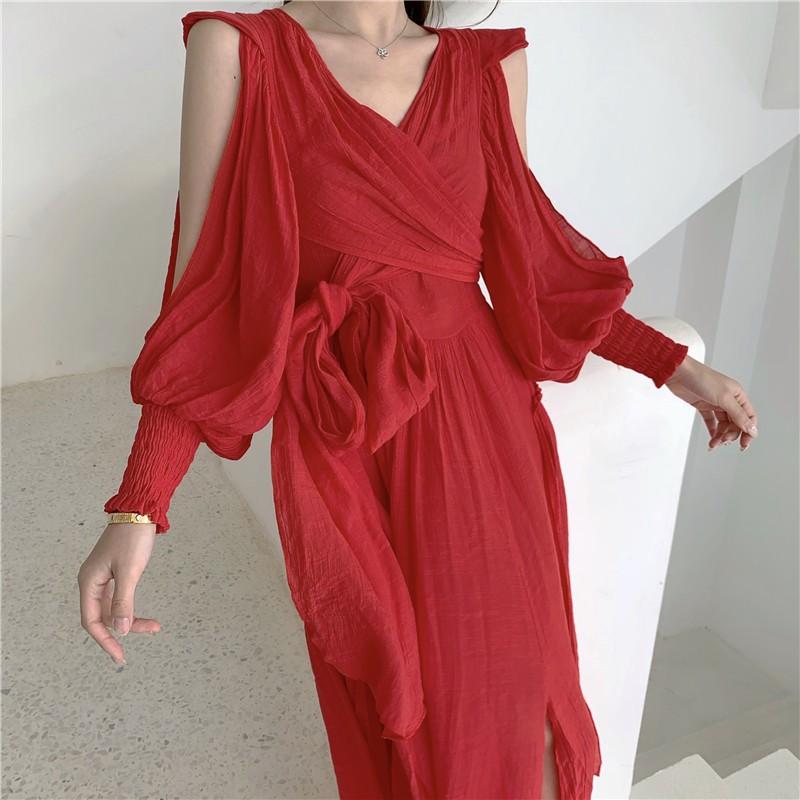 ĐẦM MAXI VÁY MAXI VOAN ĐỎ TAY DÀI TAY KHOÉT HÀNG QUẢNG CHÂU