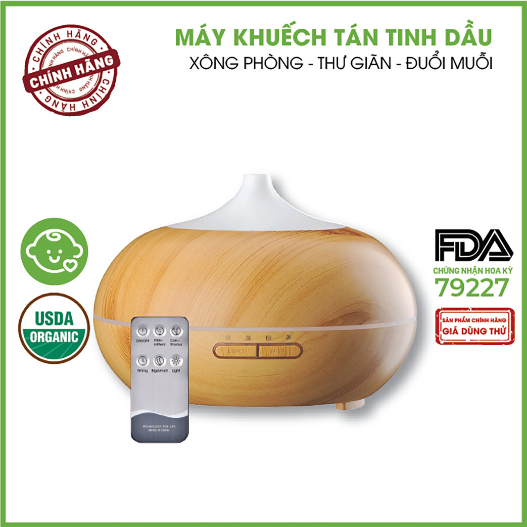 Máy Xông Tinh Dầu Bí Ngô Vân Gỗ 550ml Kèm 3 Chai Tinh Dầu Sả Chanh + Tinh Dầu Bạc Hà + Tinh Dầu Cam Ngọt 24Care | Xông Thơm Phòng Đuổi Muỗi | Tặng Remote Điều Khiển | Công nghệ siêu âm tiên tiến