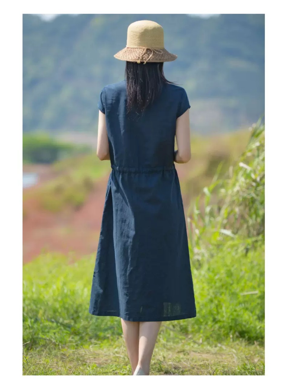 Đầm sơ mi ngắn tay, Đầm linen suông nữ rút eo cổ sơ mi, phong cách retro ARCTIC HUNTER
