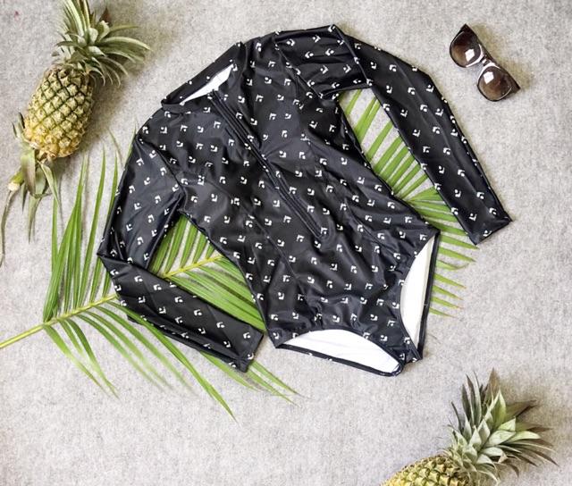 Monokini đồ bơi liền tay dài chấm bi trắng kéo khoá ngực