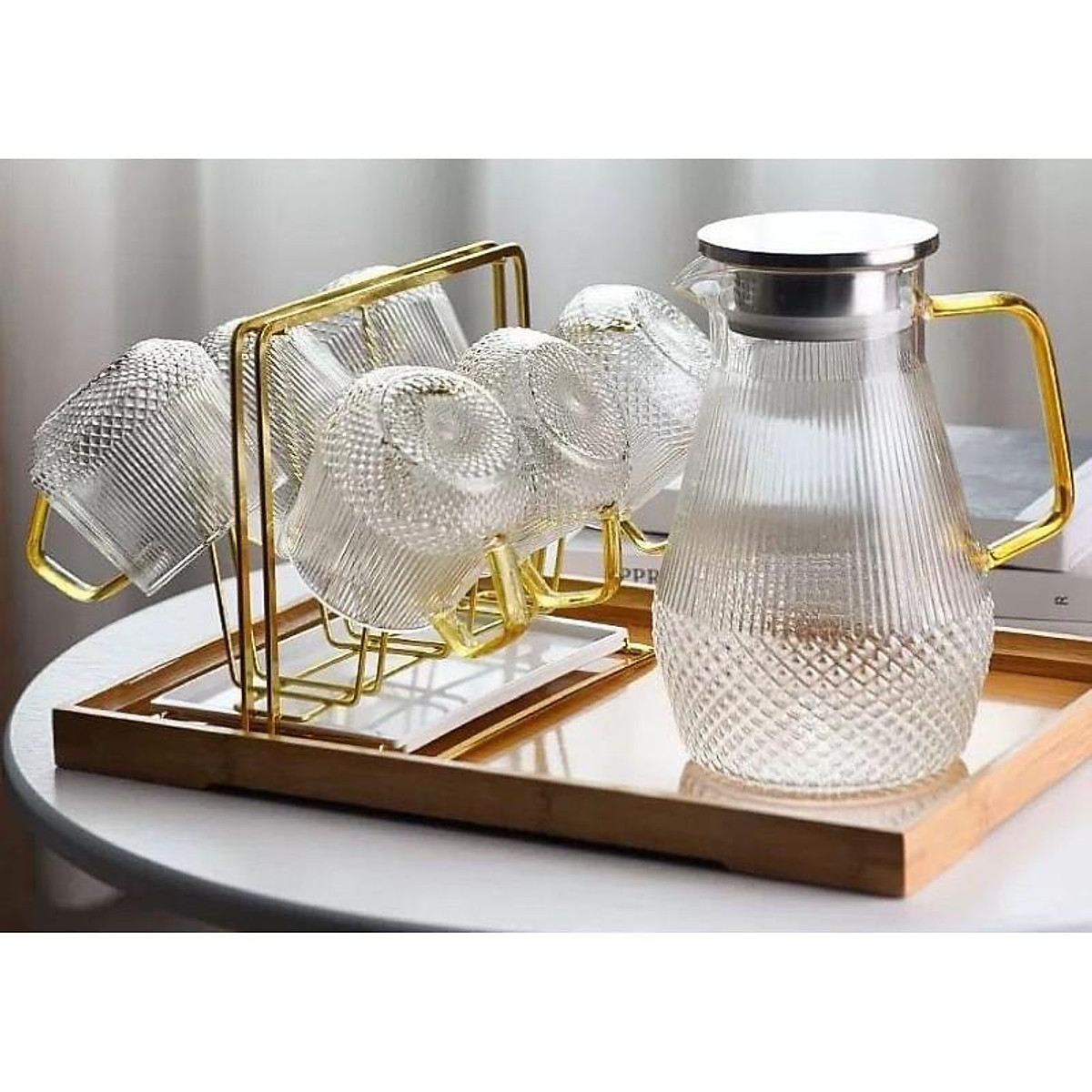 Bình cốc nước thủy tinh Vân sọc kim cương , Bộ bình nước thủy tinh chịu nhiệt cao cấp