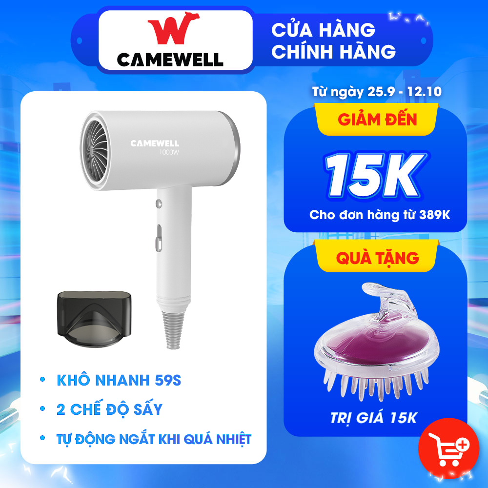 Máy sấy tóc công suất lớn tạo kiểu CameWell, máy sấy tóc mini 2 chiều nóng lạnh CW02HD 1000W bảo hành chính hãng