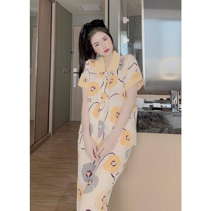 Bộ Pijama lụa Mango mặc nhà cộc tay quần dài cao cấp