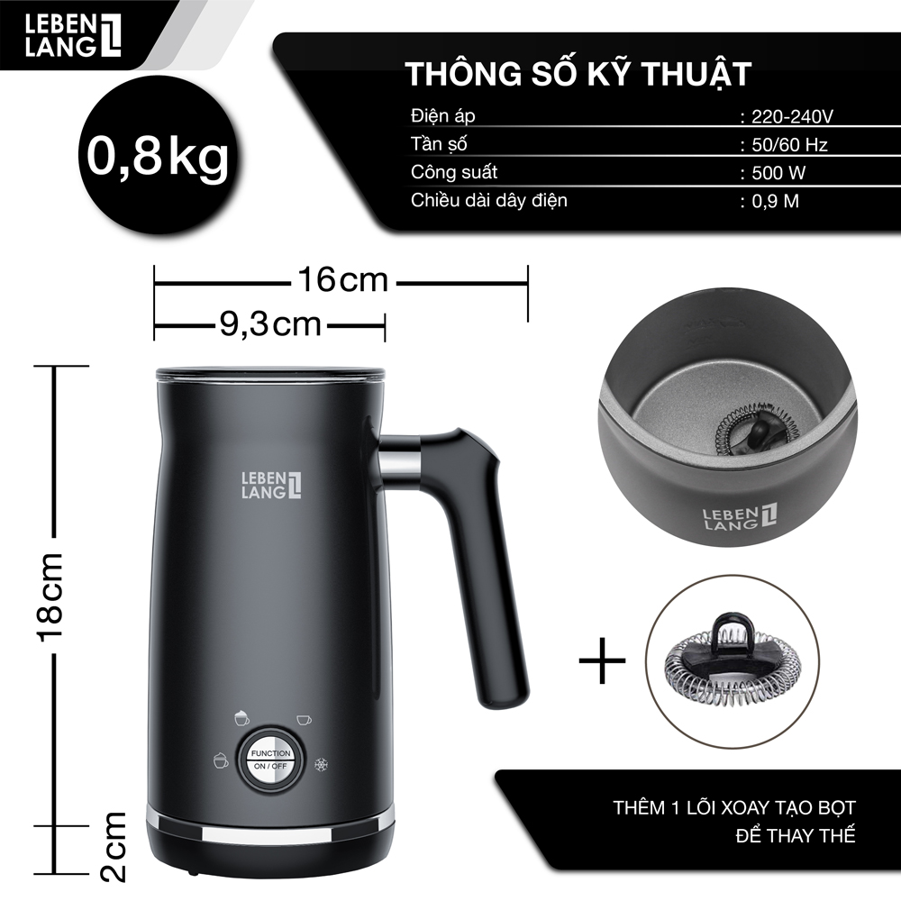 Máy tạo bọt sữa, cafe Lebenlang LBF3088, công suất 500W, dung tích 300ml, bảo hành 2 năm - hàng chính hãng