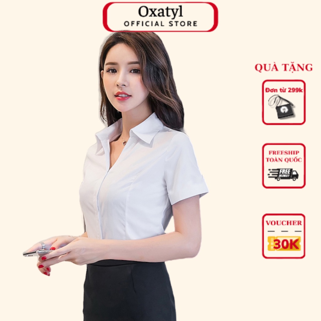 Áo sơ mi nữ màu trắng dáng ôm Oxatyl M236 Chất liệu vải sợi tre phong cách công sở mang đi làm, đi học