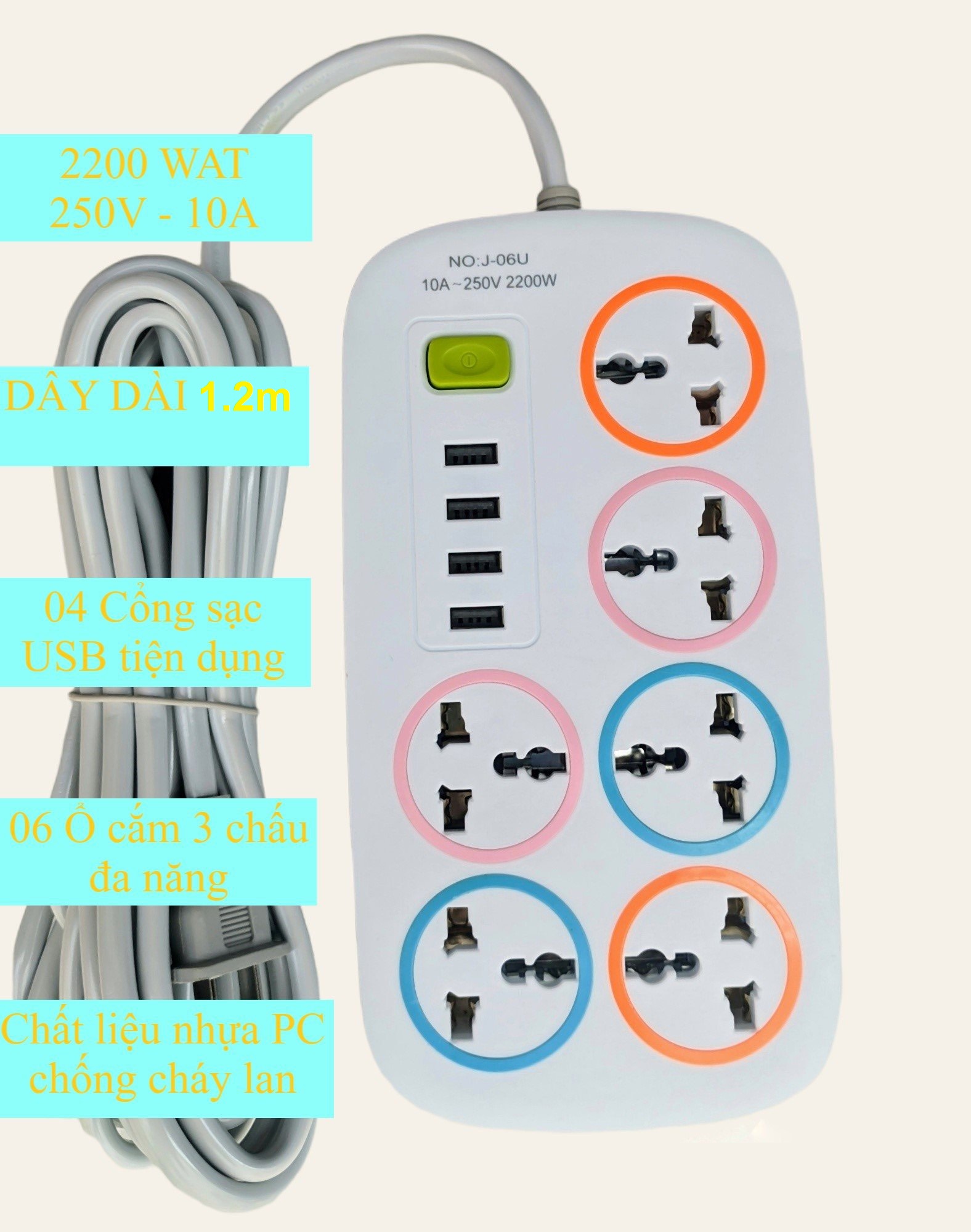 Ổ cắm điện đa năng, ổ điện chống giật J-06U - ổ cắm điện thông minh - ổ cắm điện có cổng usb