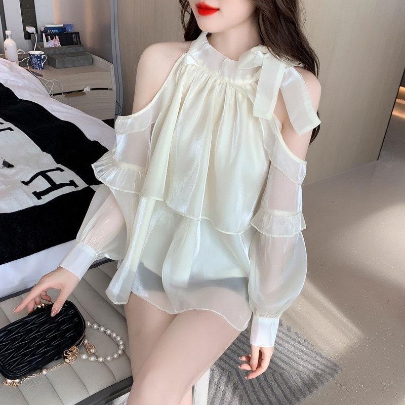 Áo Polo Sơ Mi Cách Điệu Xẻ Dưới Hai Màu Siêu Cá Tính Vải Tơ Ánh Cổ Nơ Baby Doll 2 Tần Bèo